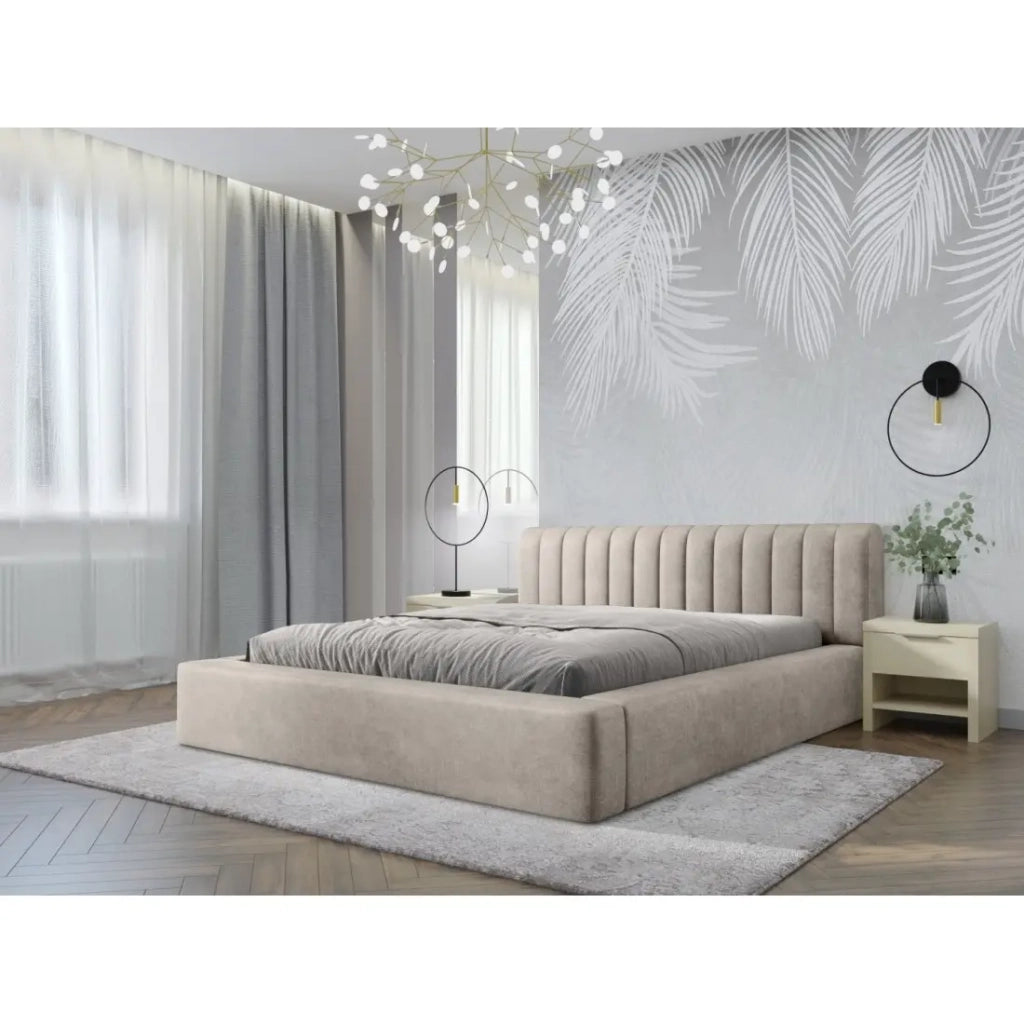 Lit coffre CERVIN – Velluto morbido Lino naturale – 160x200 cm – Rete sollevabile – Design elegante