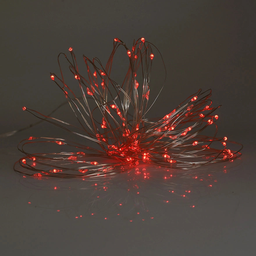 CATENA LUMINOSA SOLARE 10 METRI 100 MICRO LED ROSSI - CAVO FLESSIBILE ARGENTO PER DECORAZIONI NATALIZIE GIARDINI E INTERNI
