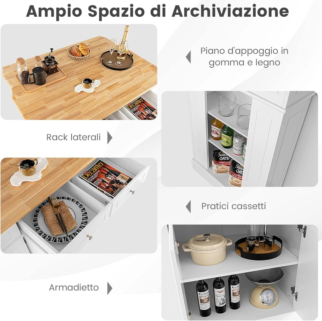 Credenza da Cucina in Legno, Isola da Cucina con Contenitore, con Ripiani Regolabili a 3 Livelli, 120 x 61 x 92 cm, Carico 200 kg (Bianco)