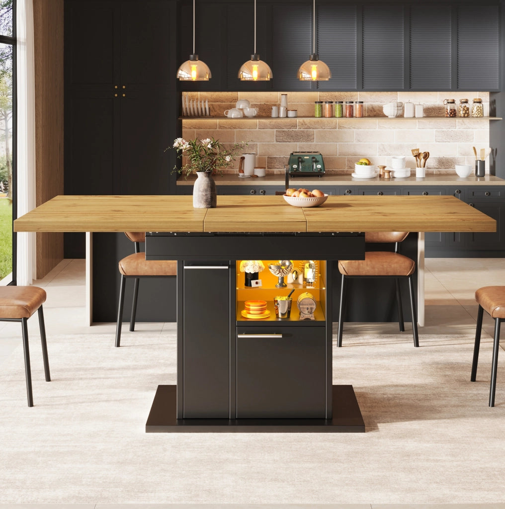 Tavolo da pranzo allungabile 110-140x80x77.2 cm con spazio contenitivo e luci LED in MDF nero