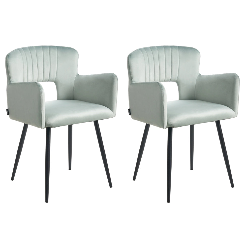 Set di 2 sedie da pranzo velluto azzurro braccioli schienale intagliato gambe in metallo moderna industriale