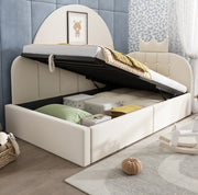 Letto a giorno L con contenitore, velluto beige, 90x200 cm