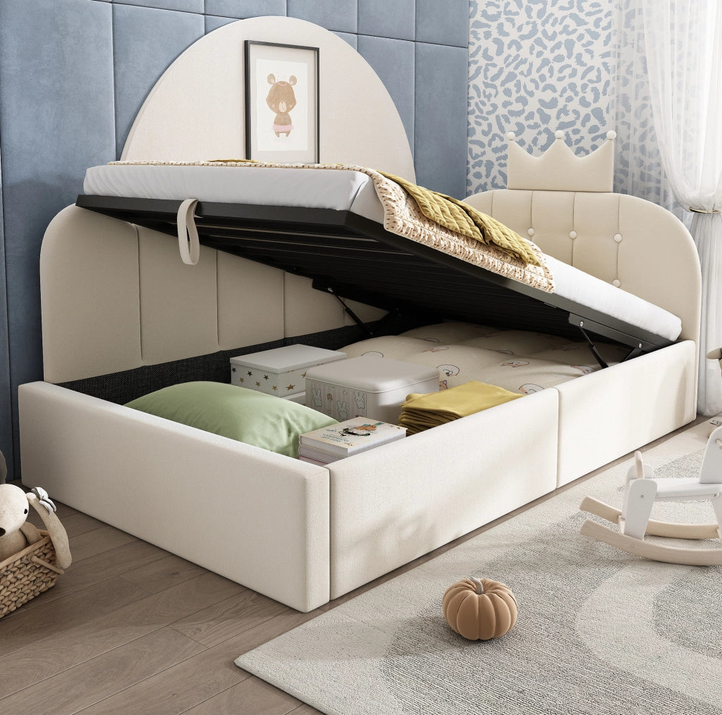 Letto a giorno L con contenitore, velluto beige, 90x200 cm