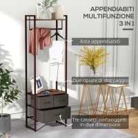 Appendiabiti da Terra con Asta, 3 Cassetti e Ripiani, in Legno MDF e Acciaio, 58.5x30x178 cm, Marrone