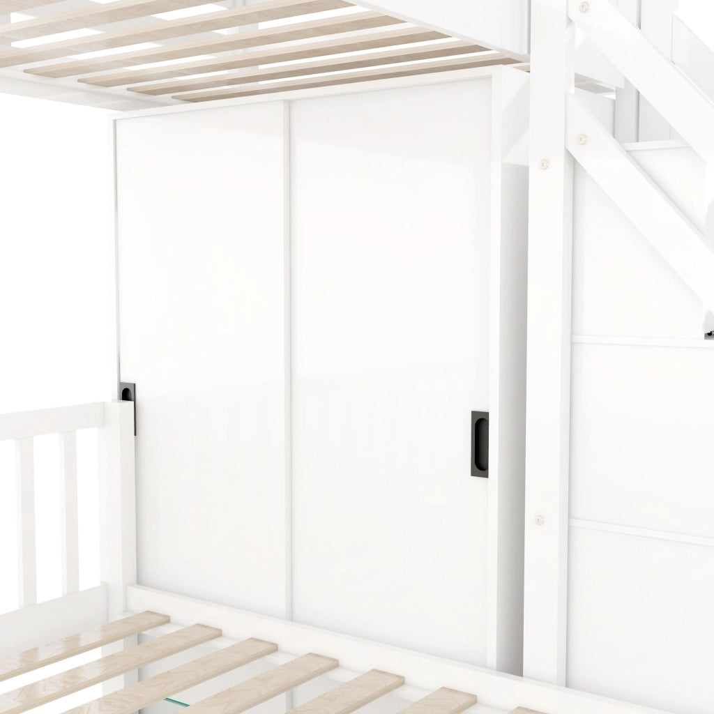 OKWISH Letto a Castello 90×200 cm e 140×200 cm, Letto 3 Posti con Armadio, Scala Contenitore e Mensole, senza Materasso, Bianco