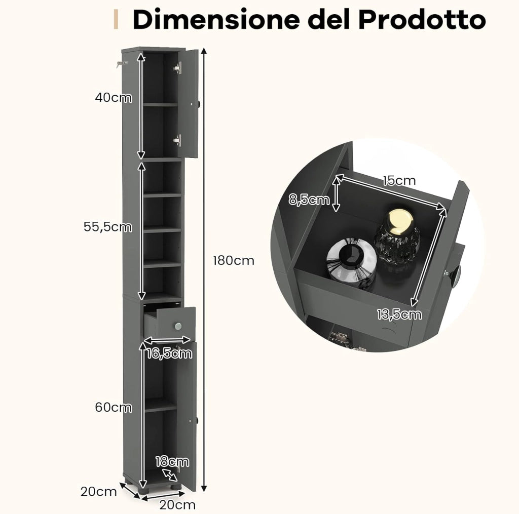 Mobile Bagno Alto Stretto, Mobiletto Colonna Salvaspazio con 1 Cassetto, 5 Ripiani Regolabili e Struttura Antiscivolo, Mobile a Terra per Ingresso, 20 x 20 x 180 cm (4 Ripiani, Grigio)