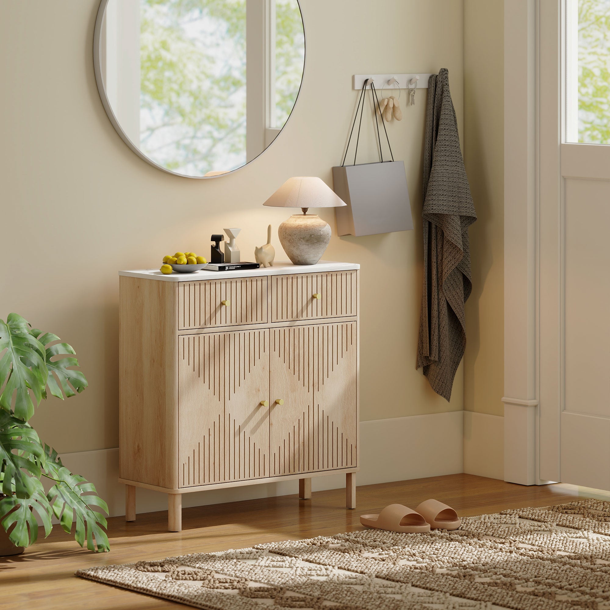 Credenza Buffet 77x30x80 cm con Piano d'Appoggio Effetto Marmo in Legno Rovere