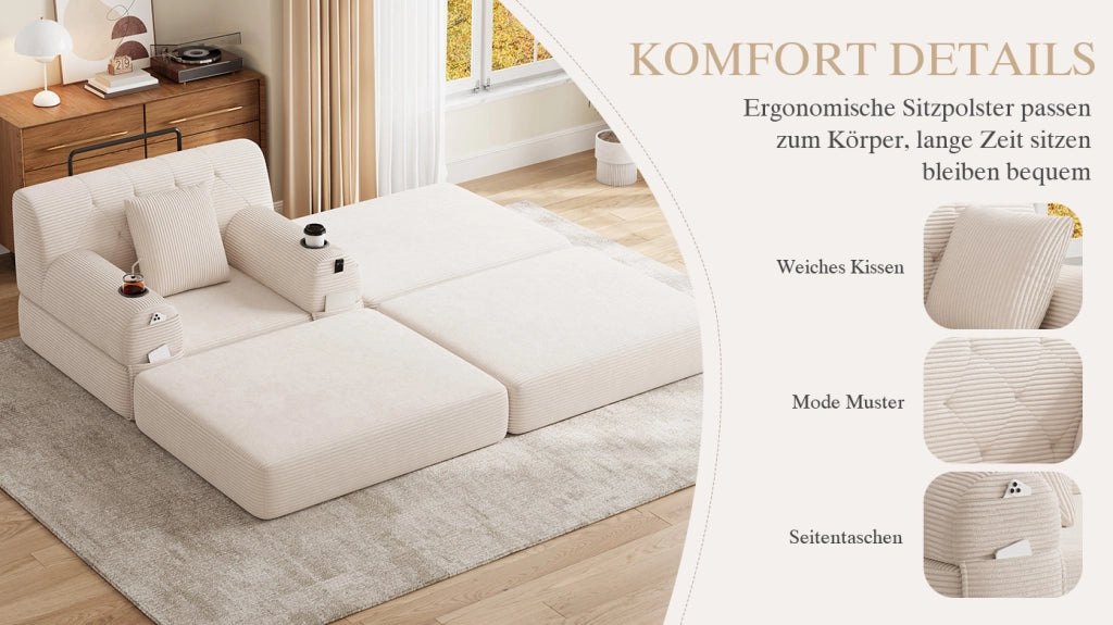 Poltrona letto compatta con funzione letto schienale alto tasche laterali e portabicchieri in tessuto cord beige