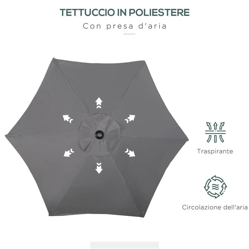 OMBRELLONE DA GIARDINO 2X2 M A 6 STECCHE CON PRESA D'ARIA IN ALLUMINIO METALLO E POLIESTERE GRIGIO SCURO