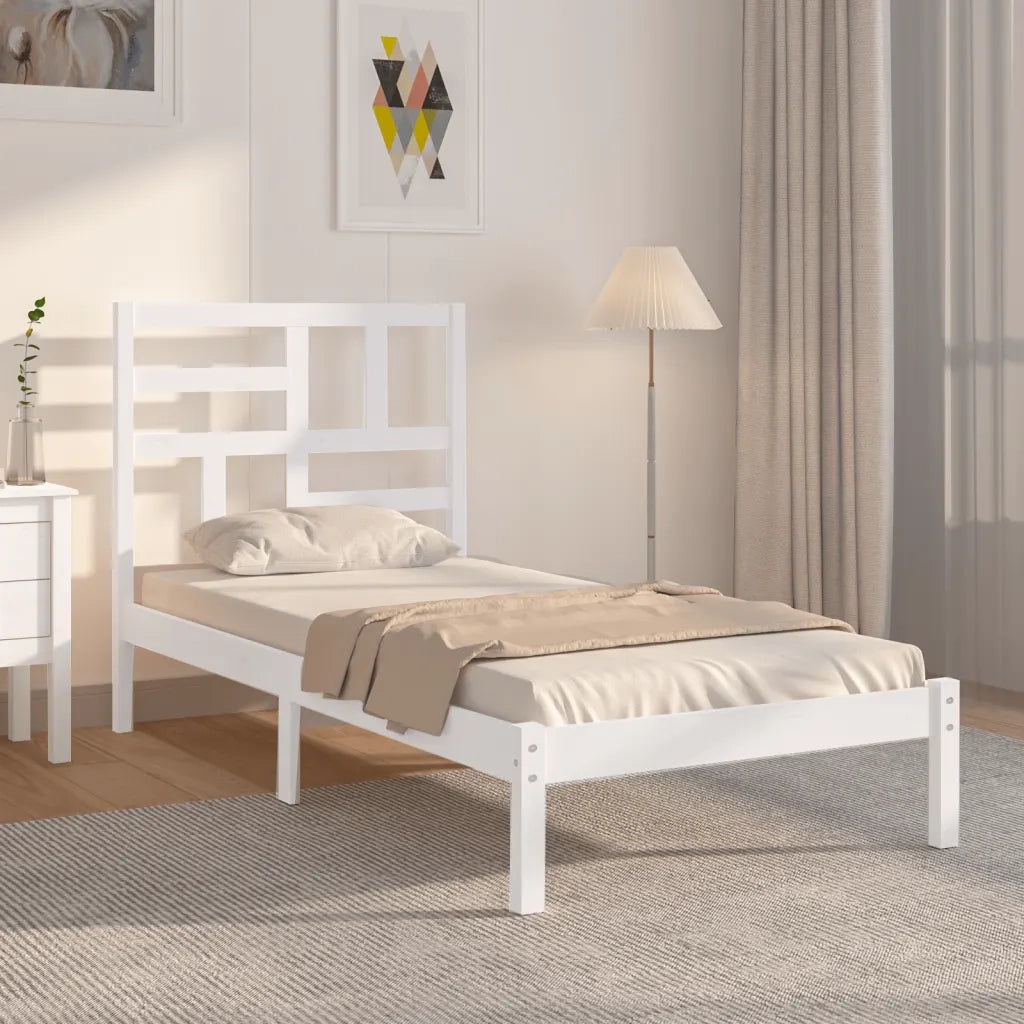 Letto singolo | Letto per adulti | Giroletto Bianco in Legno Massello 90x190 cm Single