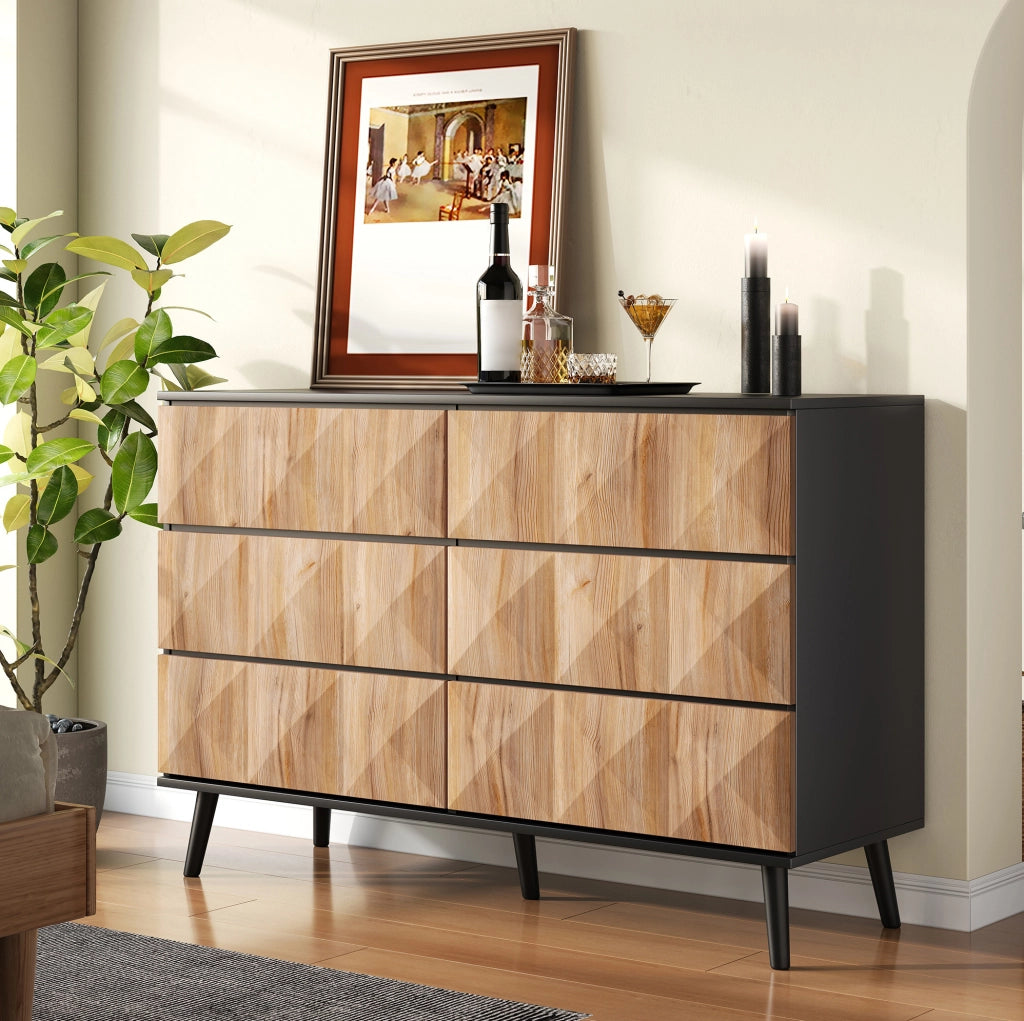 Sideboard 120x40x85 cm con 6 cassetti; finitura moderna in MDF e truciolare nero e naturale