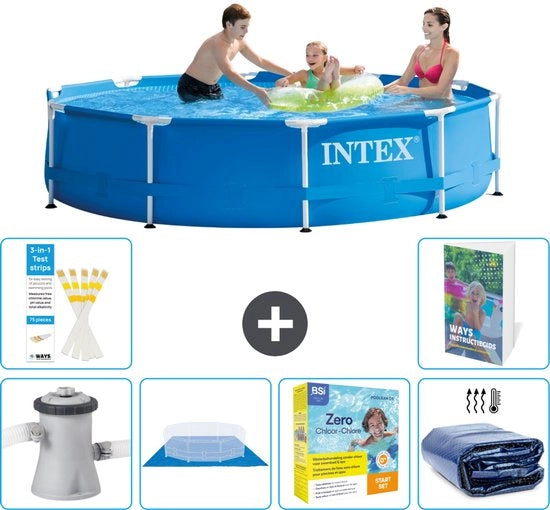 Piscina a forma di cerchio - 305 x 76 cm - Blu - Inclusa pompa, telo di copertura, kit di manutenzione, telo solare - 7 pezzi