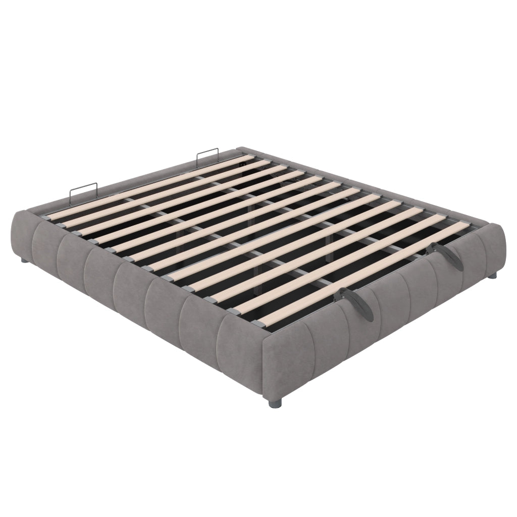 Letto imbottito 180x200 cm con contenitore, LED bianco integrato, struttura idraulica e senza testiera, grigio
