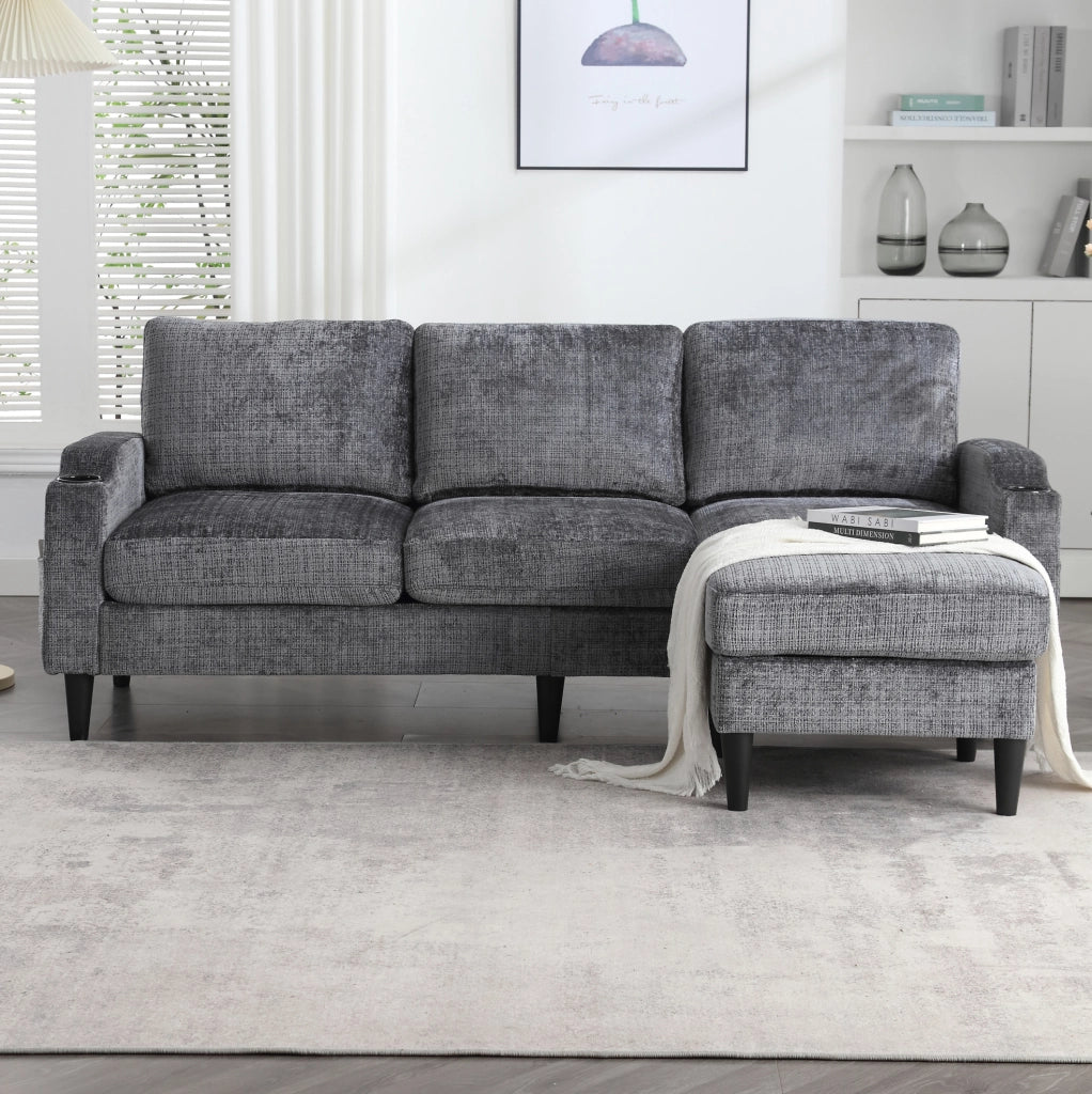 Divano 4 posti in ciniglia grigio con pouf contenitore