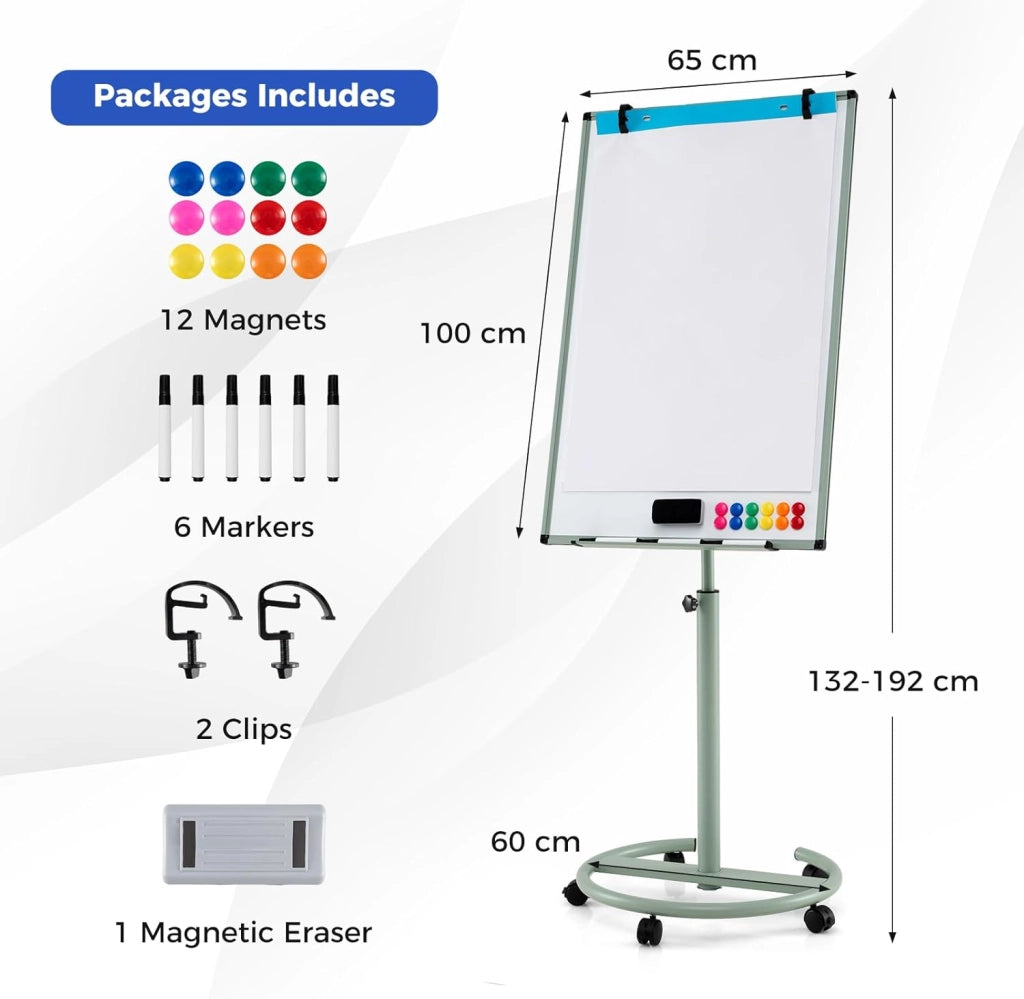 Lavagna mobile con base a rotelle, regolabile in altezza e ripiano per penne, 100 x 65 cm, lavabile a secco (verde)