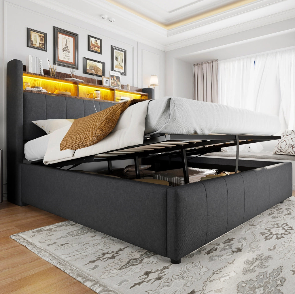 Letto imbottito 160x200 cm grigio con LED; USB; porta Type-C e contenitore idraulico