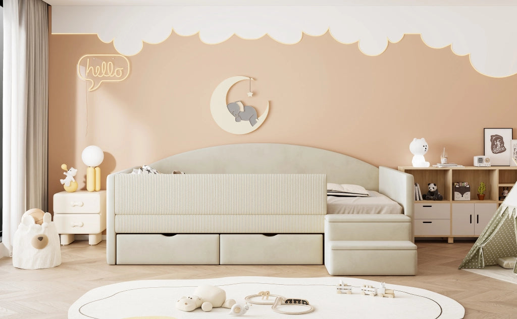 Divano letto imbottito in velluto con 2 cassetti; gradini antiscivolo e protezioni; beige; 90x190 cm; senza materasso