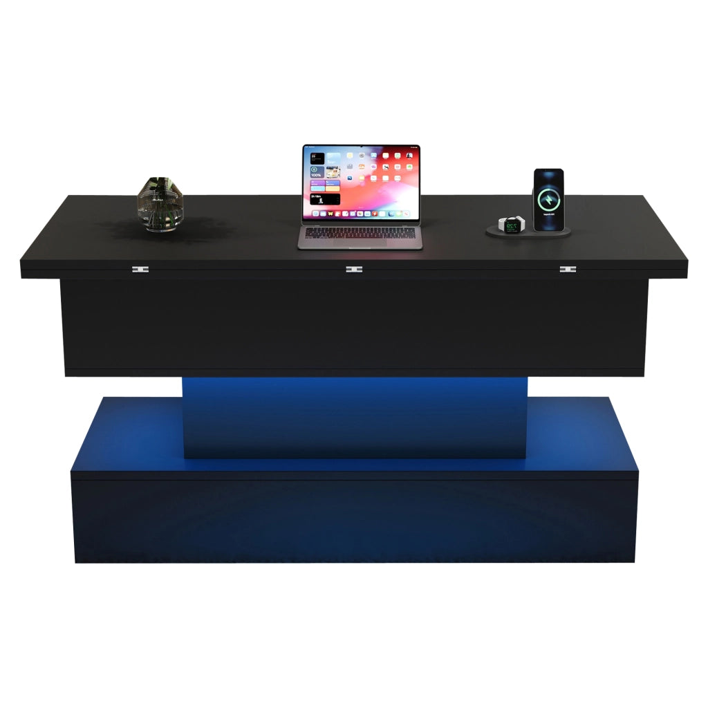 Tavolino da salotto alzabile 100x50x51,5 cm nero con LED, presa laterale, ricarica USB, vano contenitore e piano regolabile