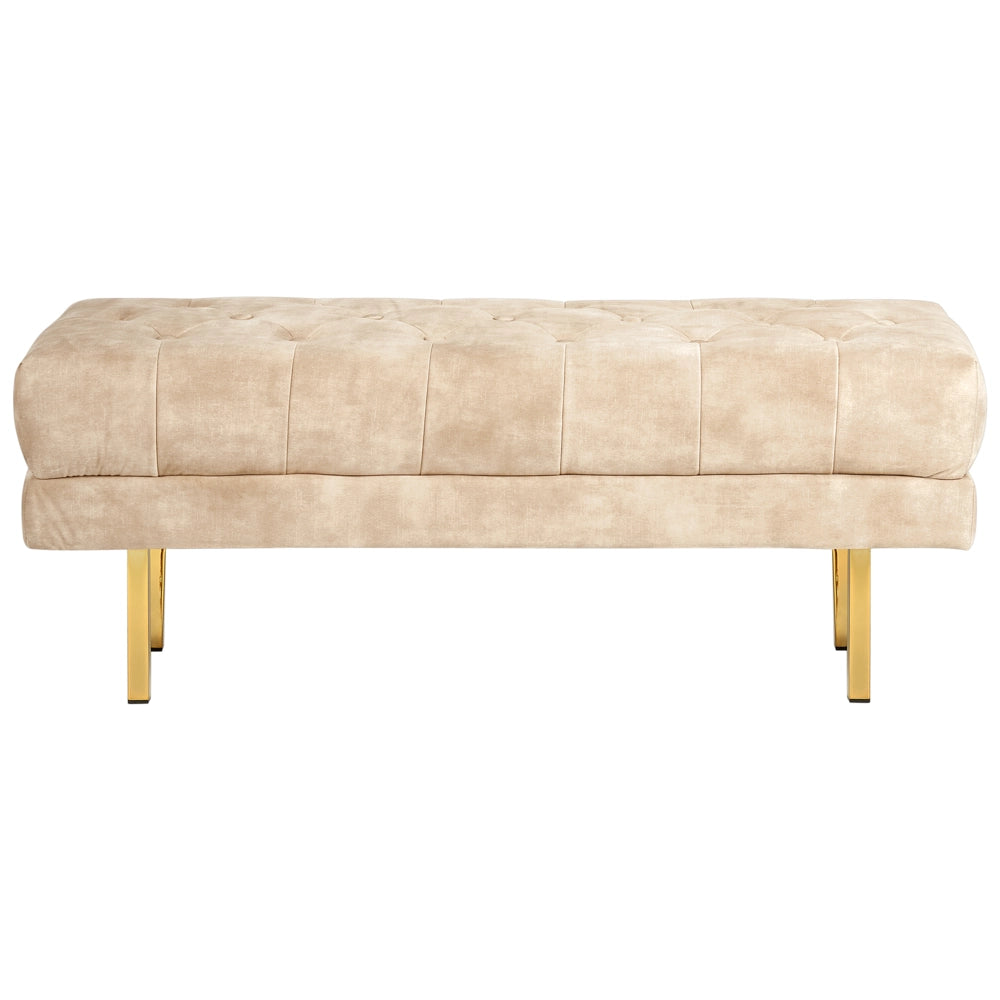 Panca Beige Tessuto imbottito Velluto Accento di metallo Gambe d'oro Panca da letto Sgabello