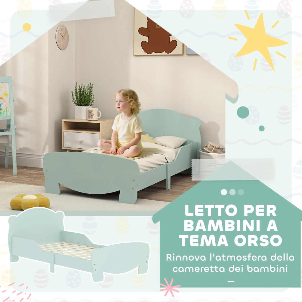 Letto per Bambini con Testiera e Pediera a Orso ¨C Zephmum ¨C Legno 143.5x80x55 cm Verde