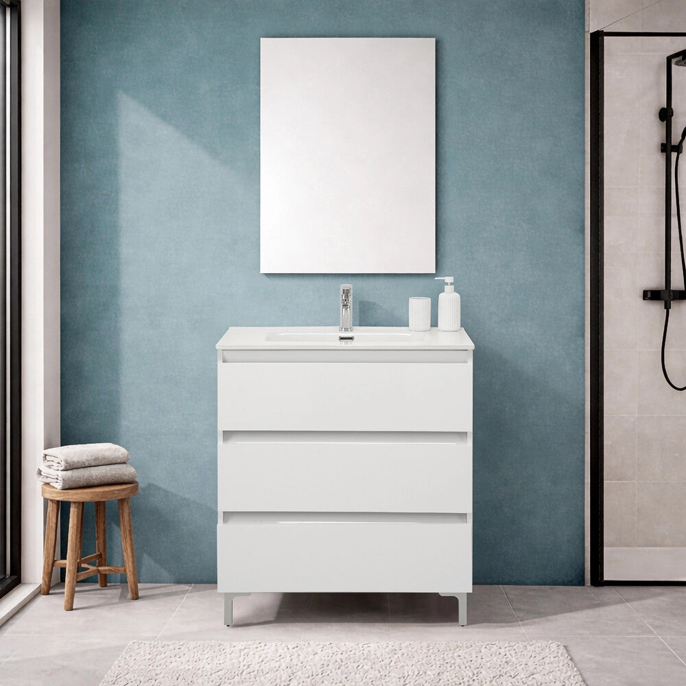 Mobile bagno a terra 80 cm in bianco lucido con lavabo e specchio Leda