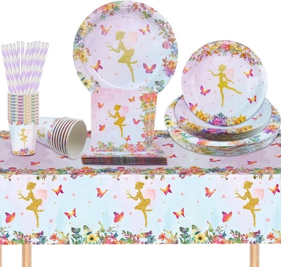Set con fate e farfalle - festa di compleanno bambino - festa delle farfalle - piatti, bicchieri, canne, tovaglioli, tovaglia da tavola - 20 ospiti