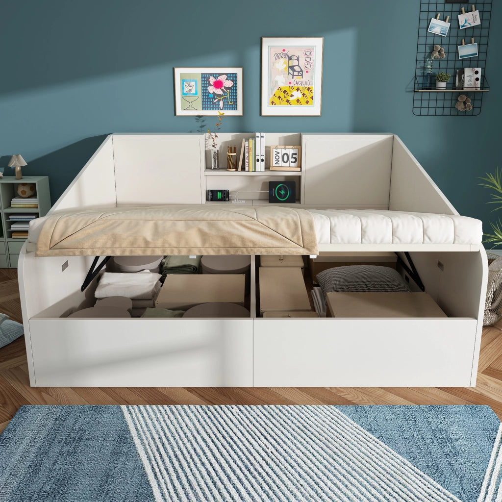 DESMIU Divano letto 140 × 190 cm 2 posti con 2 ripiani, USB, Type-C, senza materasso, in legno, bianco