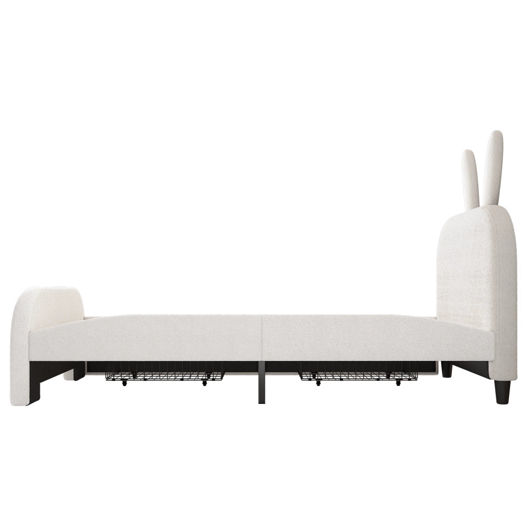 DESMIU Letto per Bambini 1 Posto con 2 Cassetti e Testiera Coniglio 90 × 200 cm, senza materasso, in Peluche e MDF, Bianco