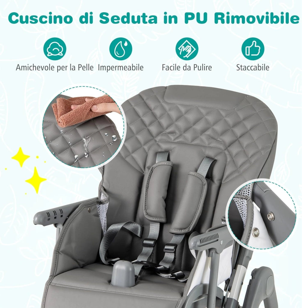 Seggiolone Pappa Pieghevole, Seggiolone Evolutivo per Neonati con Poggiapiedi, Vassoio Staccabile, Altezza Regolabile, Cuscino Sede in PU, Cintura di Sicurezza, per Bambini 6-36 Mesi (Grigio)
