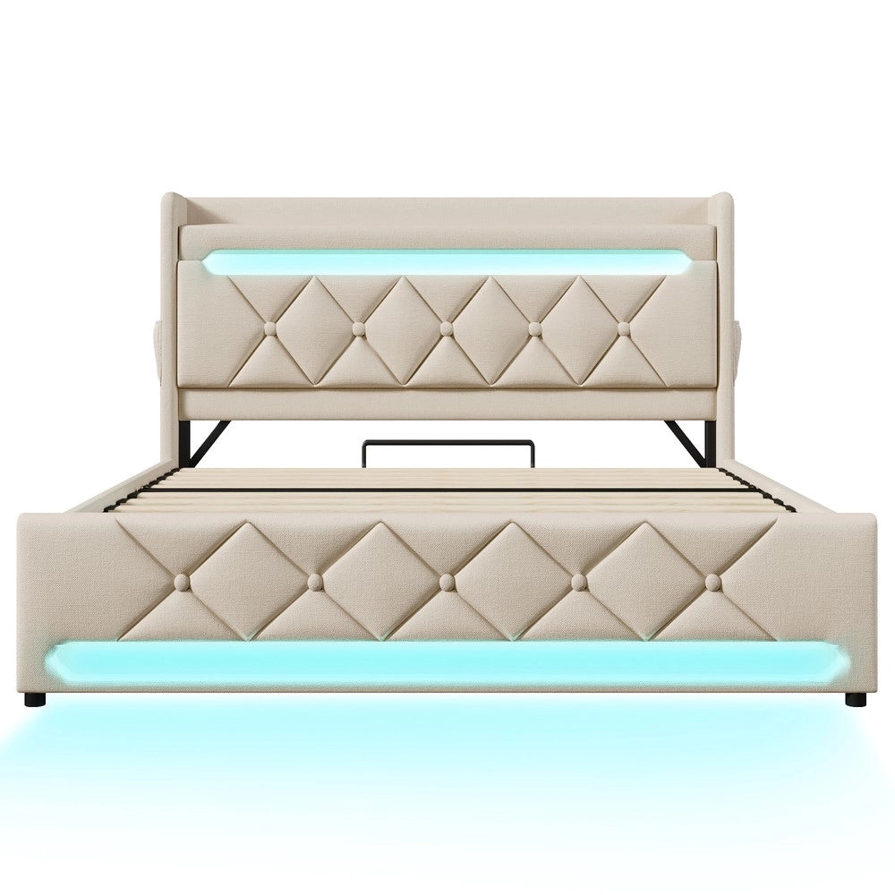 Letto Imbottito Matrimoniale con Contenitore Idraulico e LED ¨C MINIMAL ¨C Beige, Tessuto, 140x200