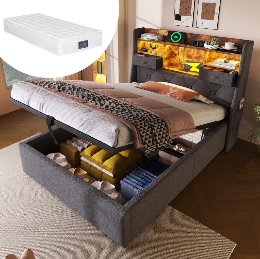Letto singolo 90x200 con LED, ricarica USB-C e materasso