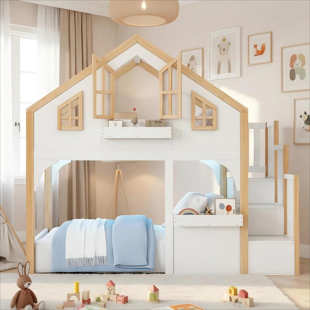 Letto a Soppalco 90x200 cm con Scala Contenitore; LED e Finestra in Legno Bianco