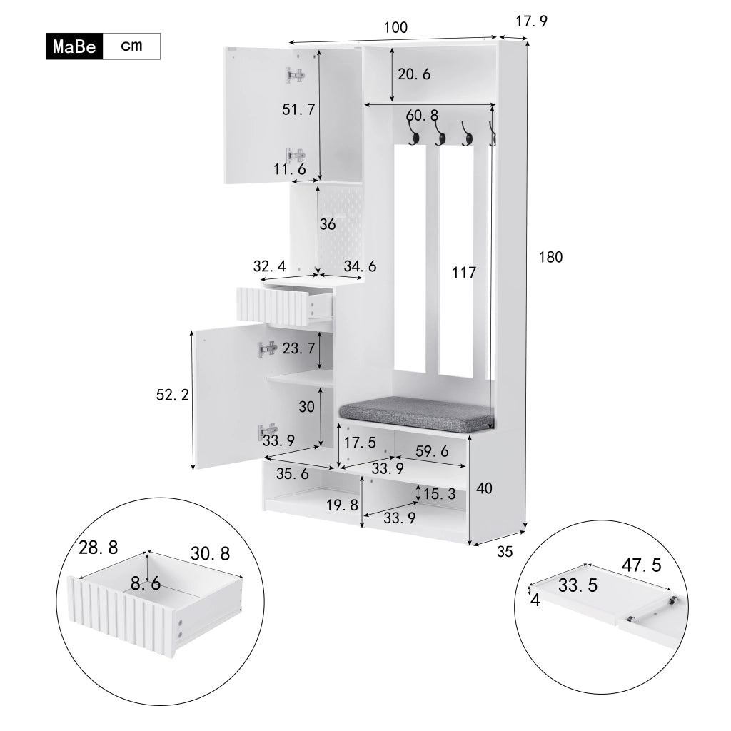 Mobile da ingresso con 1 Anta; 2 Cassetti; 4 Ganci e Panchina Imbottita per Ingresso in MDF 100×35×180 cm Bianco