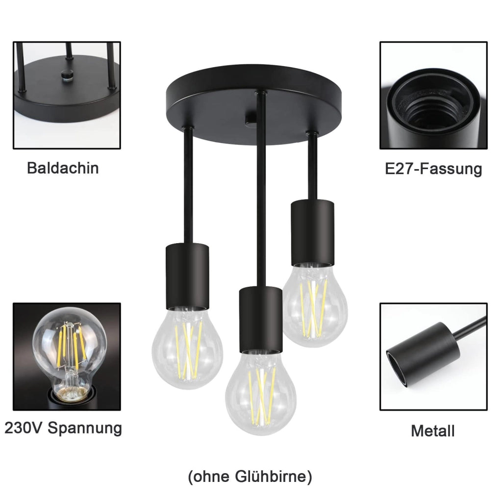 ZMH Faretto da soffitto neri tripli E27 stile industriale retrò per ristorante corridoio soggiorno senza lampadina