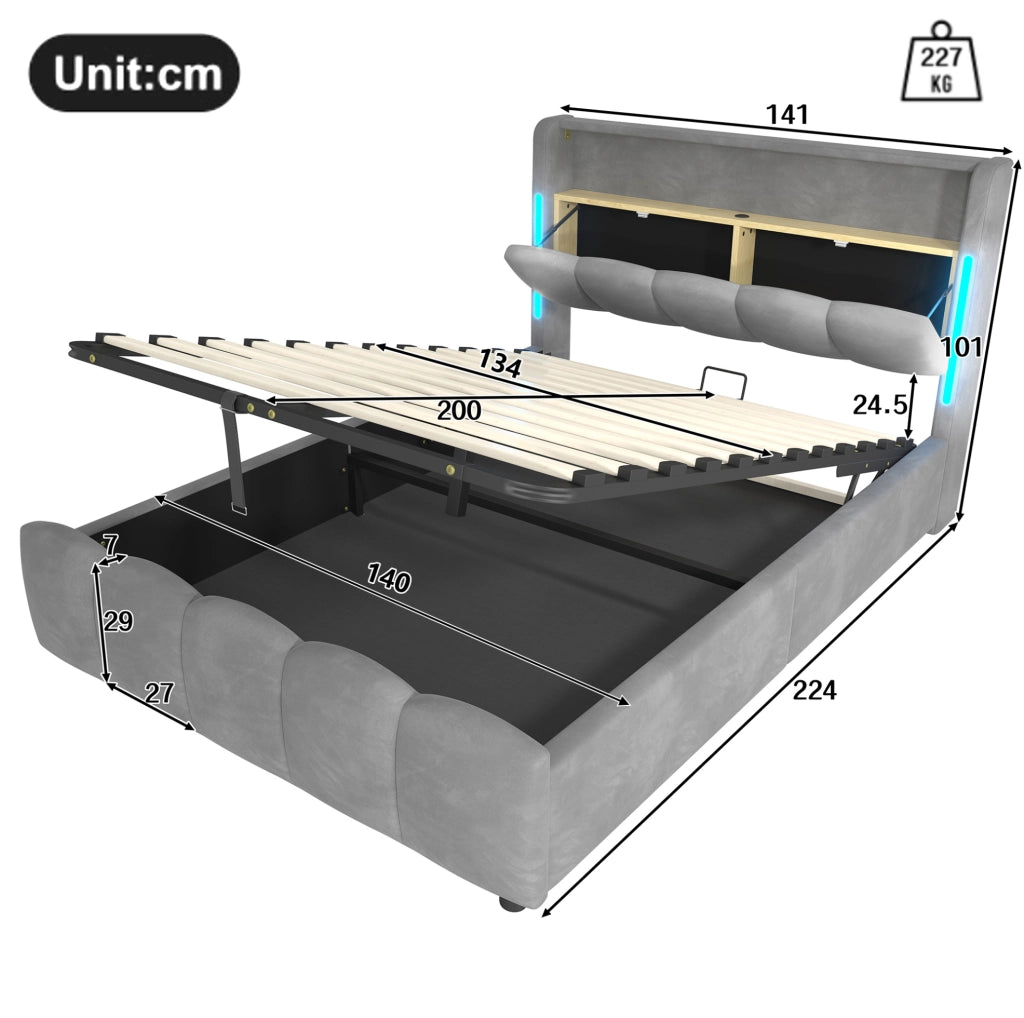 Letto imbottito 140x200 cm in velluto grigio con LED e USB