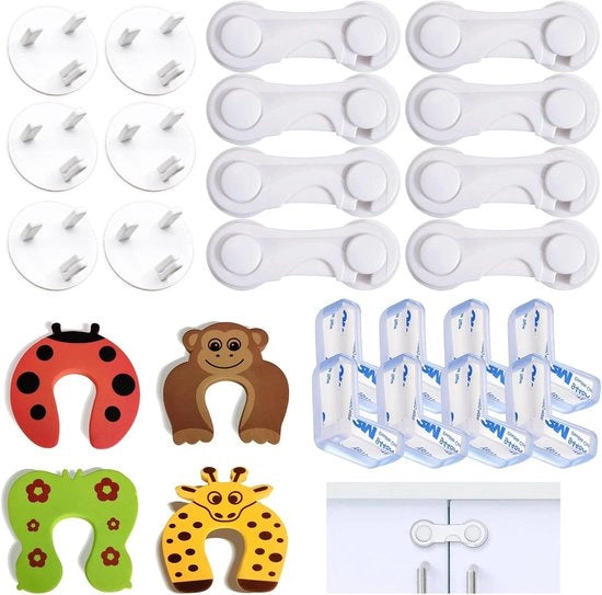 Set di serrature adesive per armadi forti - 26 pezzi con copertura - angolo anti-urto L - serrature di sicurezza per bambini - serrature in plastica per bambini - serrature per armadi da cucina per bambini