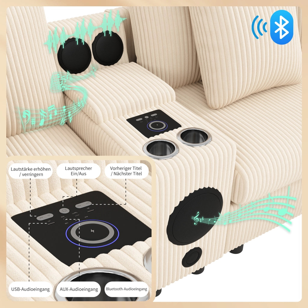 Divano modulare con altoparlante Bluetooth console di ricarica USB e Type C in tessuto a coste beige