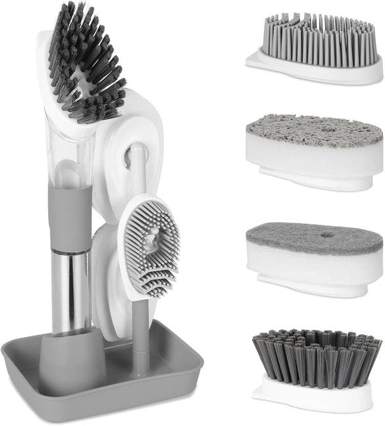 Spazzola da stoviglie con dispenser di sapone - spazzola multifunzionale per la pulizia - 4 testine di scorta - grigio