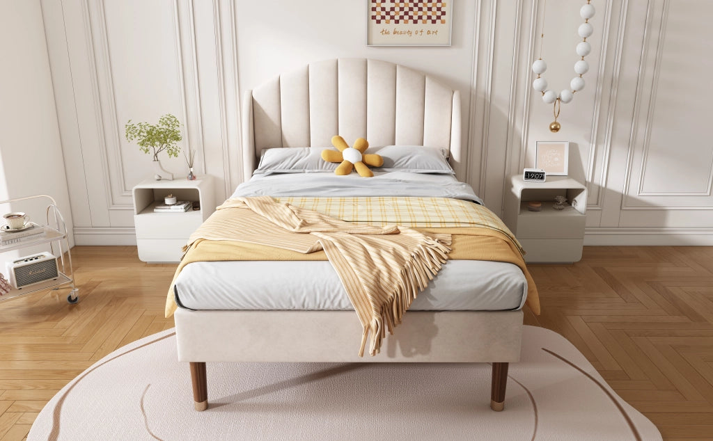 OKWISH Letto Singolo 90×200 cm con Testiera Imbottita, Struttura in Velluto, Piedini 20 cm, senza Materasso, Beige