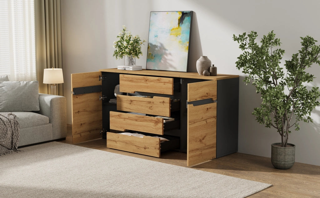 Credenza Soggiorno 160 cm Mobile Buffet 2 Ante 4 Cassetti Legno e Nero