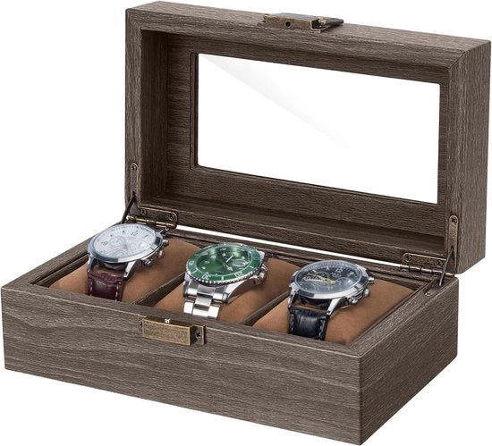 Cassa orologeria in legno con 3 compartimenti - contenitore per orologi - 1 pezzo - pelle PU - 20 x 12 x 8,5 cm