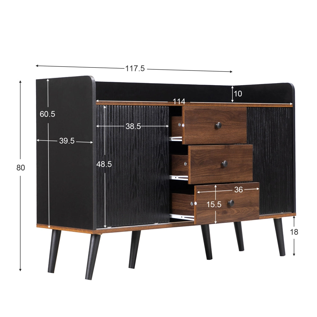 Credenza 117,5x40x80 cm con 3 cassetti in MDF e truciolare nera e color legno