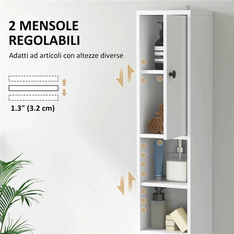COLONNA BAGNO SALVASPAZIO CON 2 ARMADIETTI 3 RIPIANI APERTI E CASSETTO IN LEGNO 20X20X178 CM BIANCO