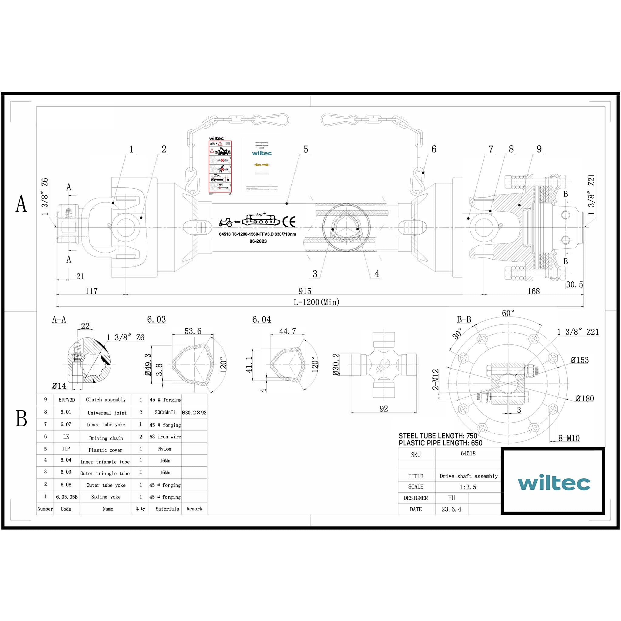 Albero cardanico T6 Giunto cardanico 1200-1320mm 830Nm 540rpm Cardano 74kW (100CV) 2x 1 3/8" Z6 Z21