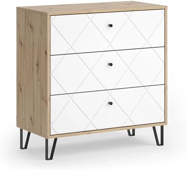 Mobile tv Nizza, Rovere artigianale, 150.2 x 60.2 cm con 3 cassetti e 2 ante, da utilizzare come superficie d'appoggio accanto al letto