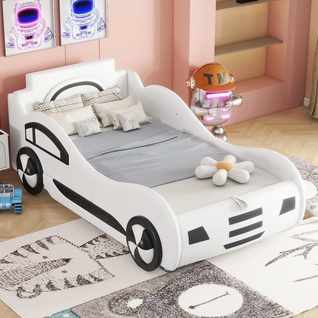 Letto bambino a forma di auto 90x200 cm con contenitore e rete a doghe; bianco