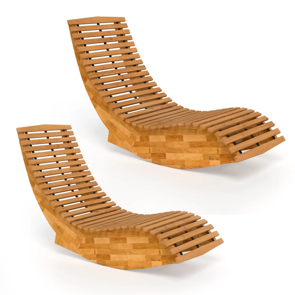 Set di 2 Sedia Dondolo Esterno. Sdraio Pieghevole Ergonomica Legno Acacia. Naturale.