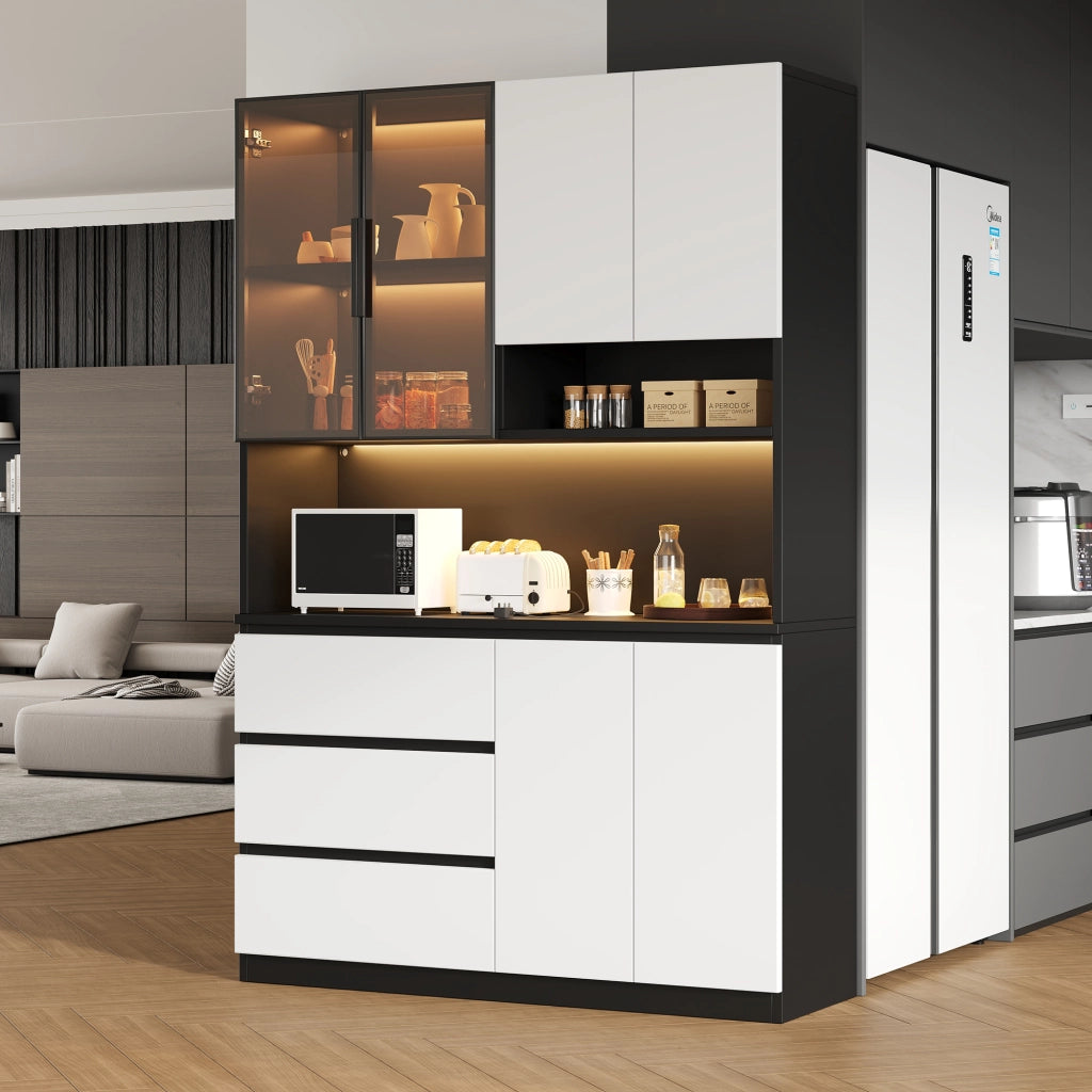 Credenza alta con LED, 6 ante, 3 cassetti e ripiani, per cucina e sala da pranzo, bianco e nero, 120.5 × 40 × 180 cm