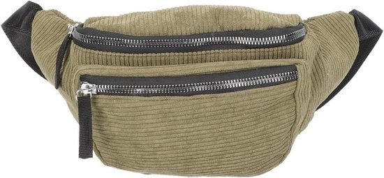 Borsa da sedere in corduroy con tas in testa e due tasche con cerniera in verde per donne e ragazze