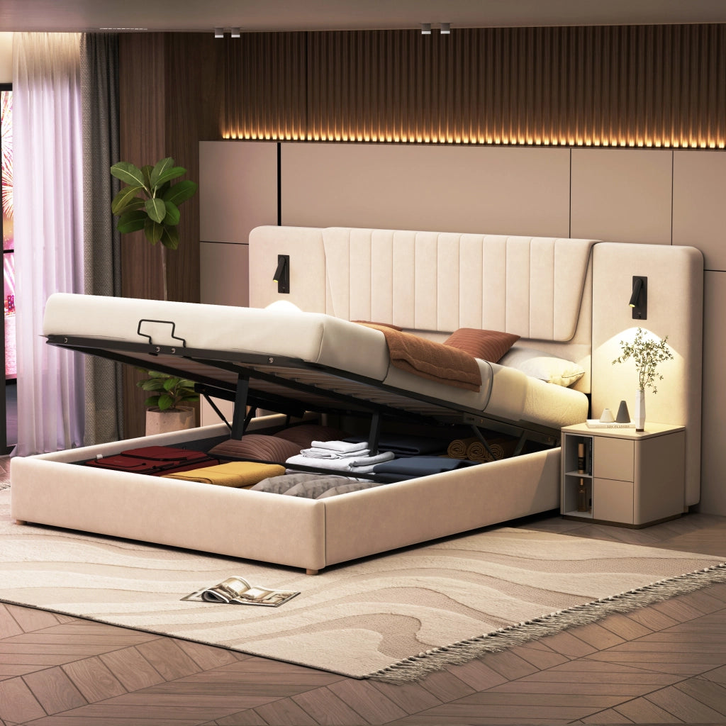 OKWISH Letto Contenitore 180×200 cm, Letto Matrimoniale con USB, Luci da Lettura e Testiera Extra Larga, senza Materasso, Beige